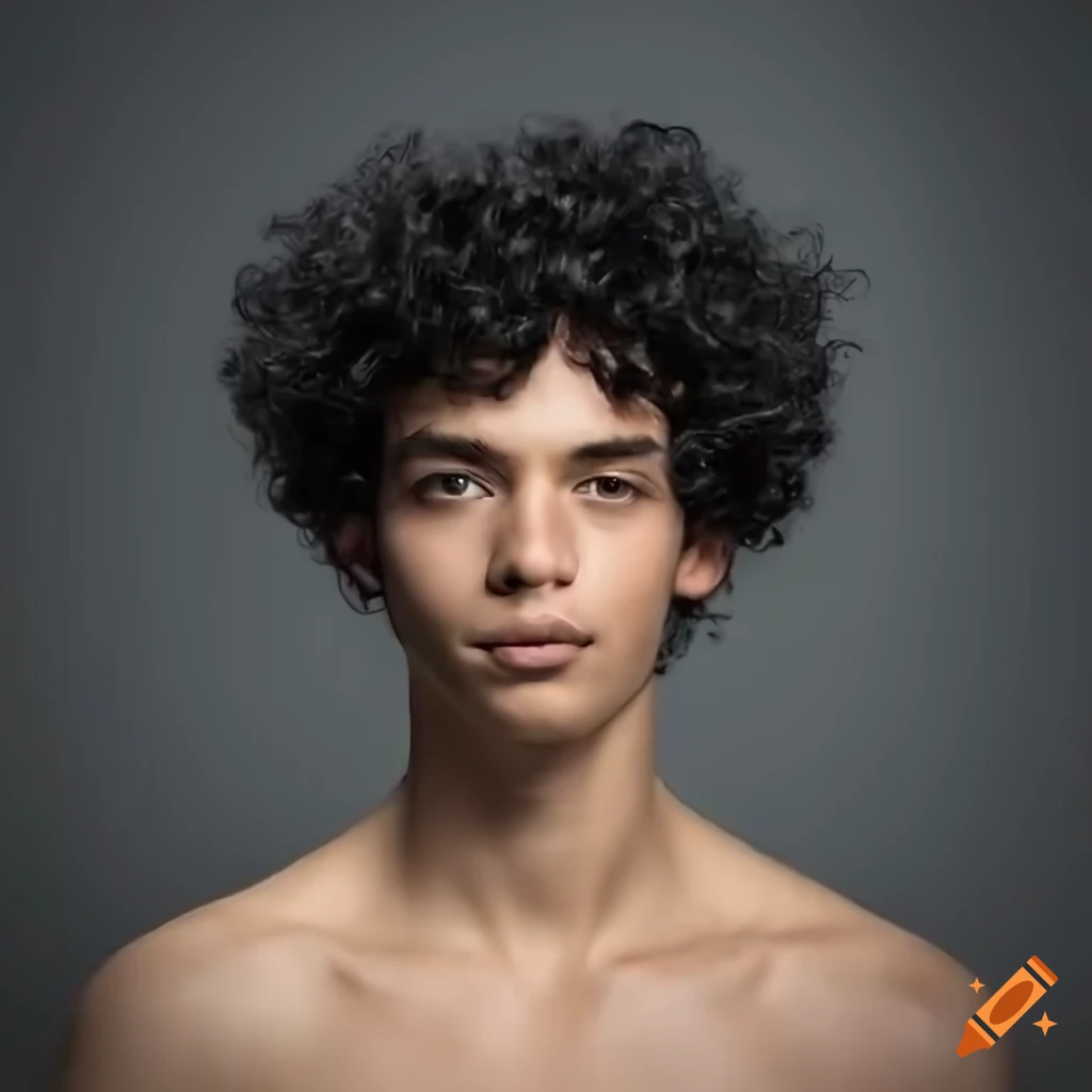 photorealistic portrait of a friendly and athletic man with black curly hair