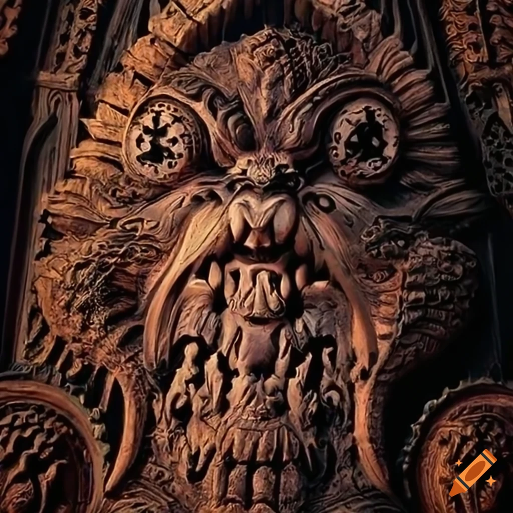 detailed moth werewolf carving in architectural style