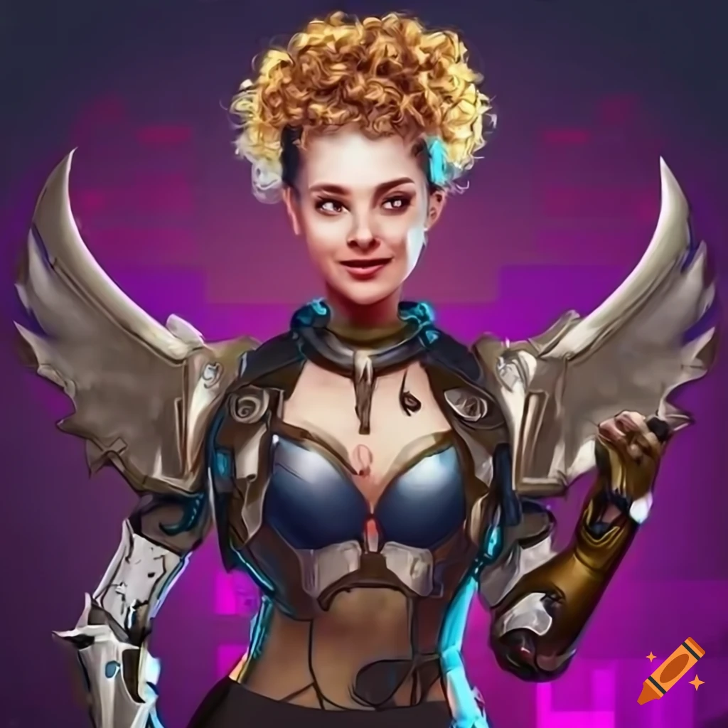 smiling cyberpunk girl barista with Valkyrie armor