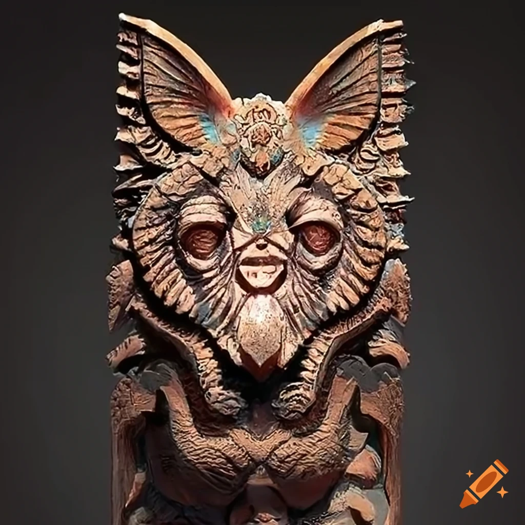 detailed carving of a moth werewolf motif