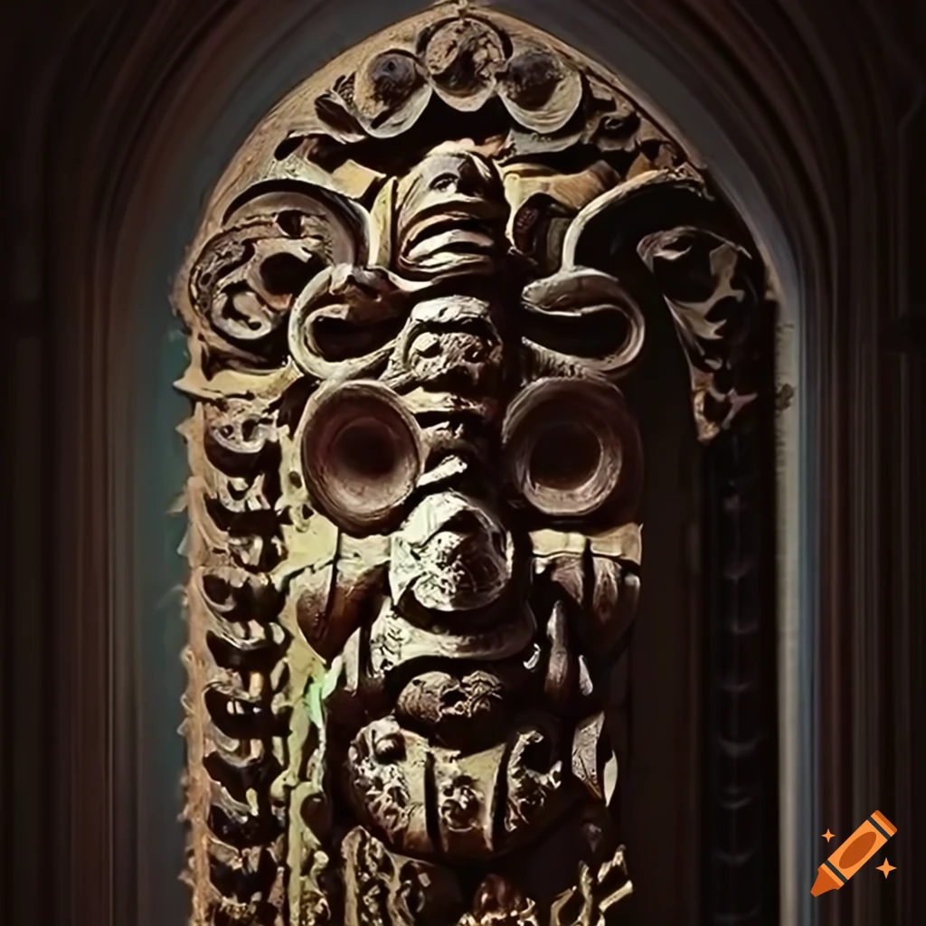 detailed moth sculpture with architectural stave carving style