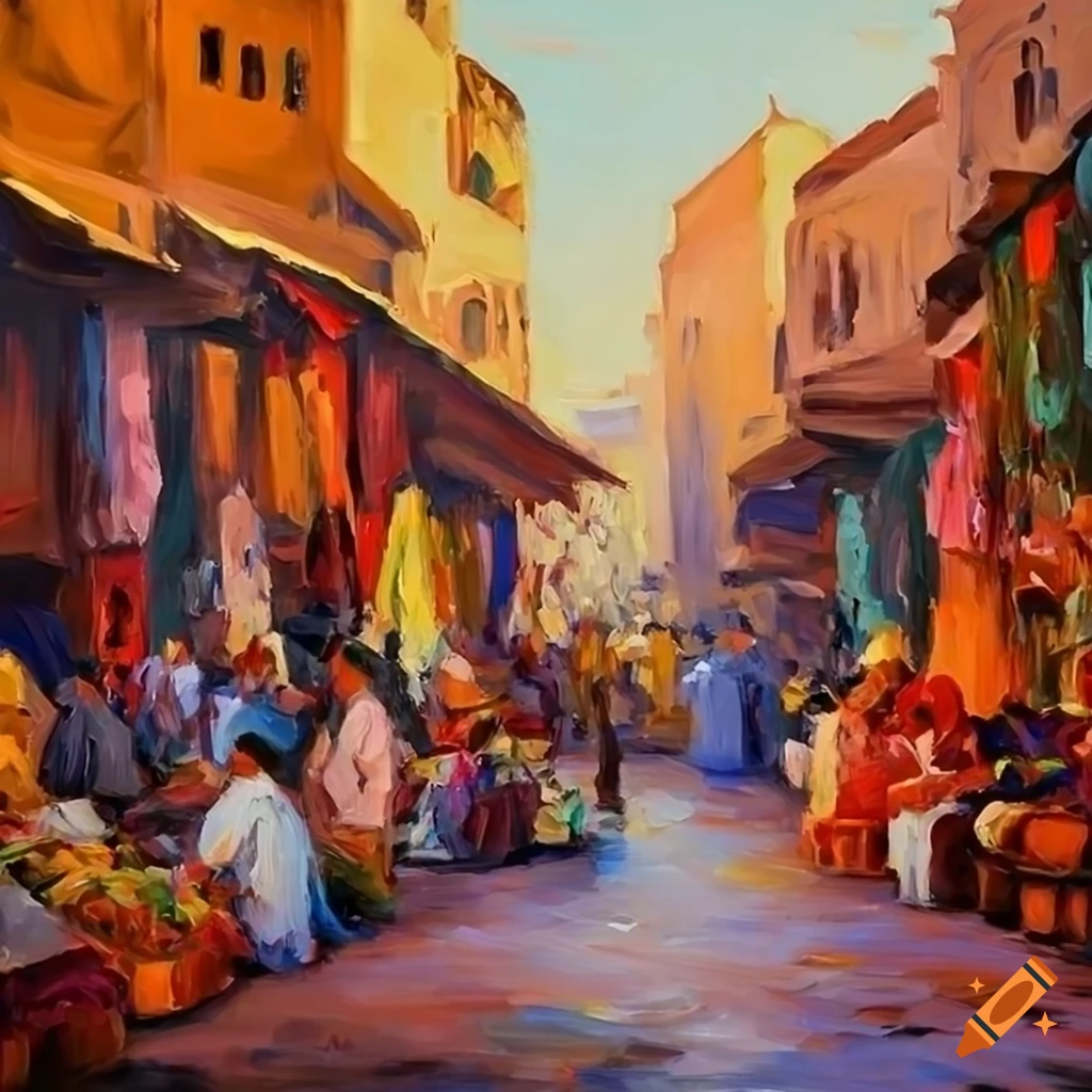 impressionist painting of a colorful Moroccan market