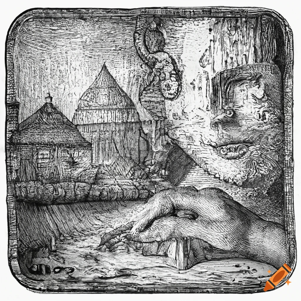 Detailed black and white drawing of a water diviner on Craiyon