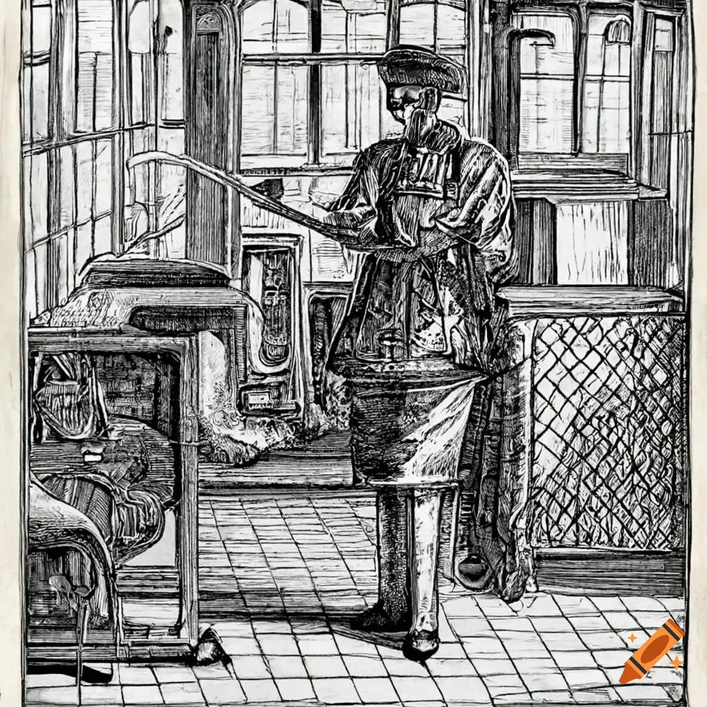 detailed black and white drawing of a public transport driver
