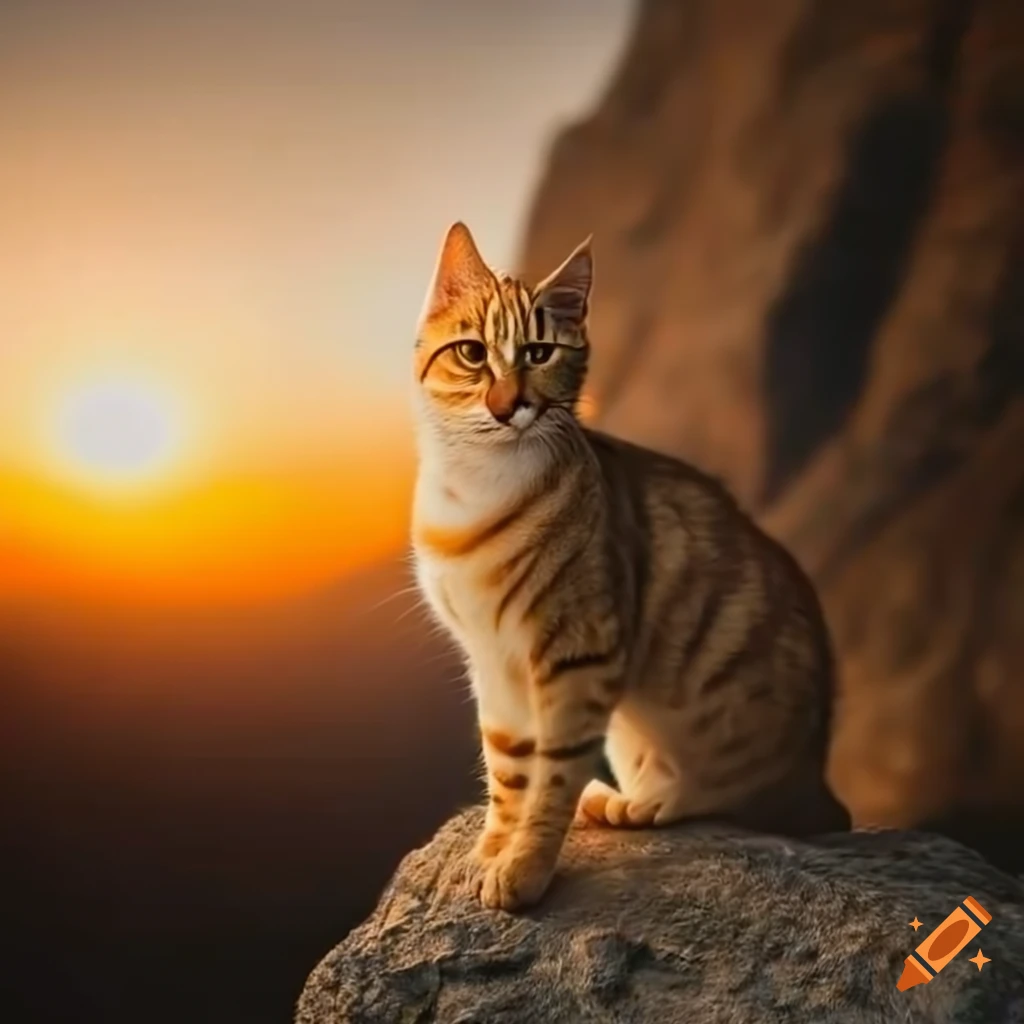 epic sunrise with an orange tabby cat on a cliff