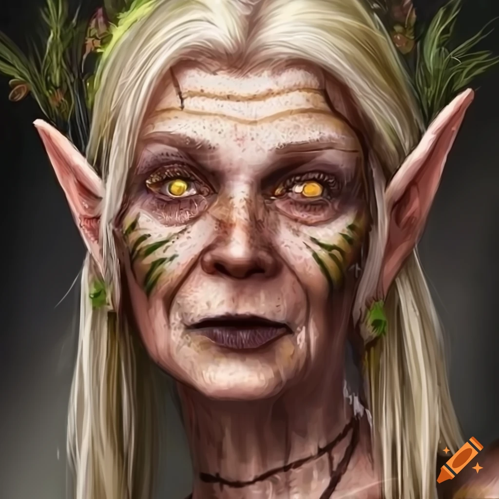 Portrait of a blonde-haired elderly female elf with flowers in her hair ...
