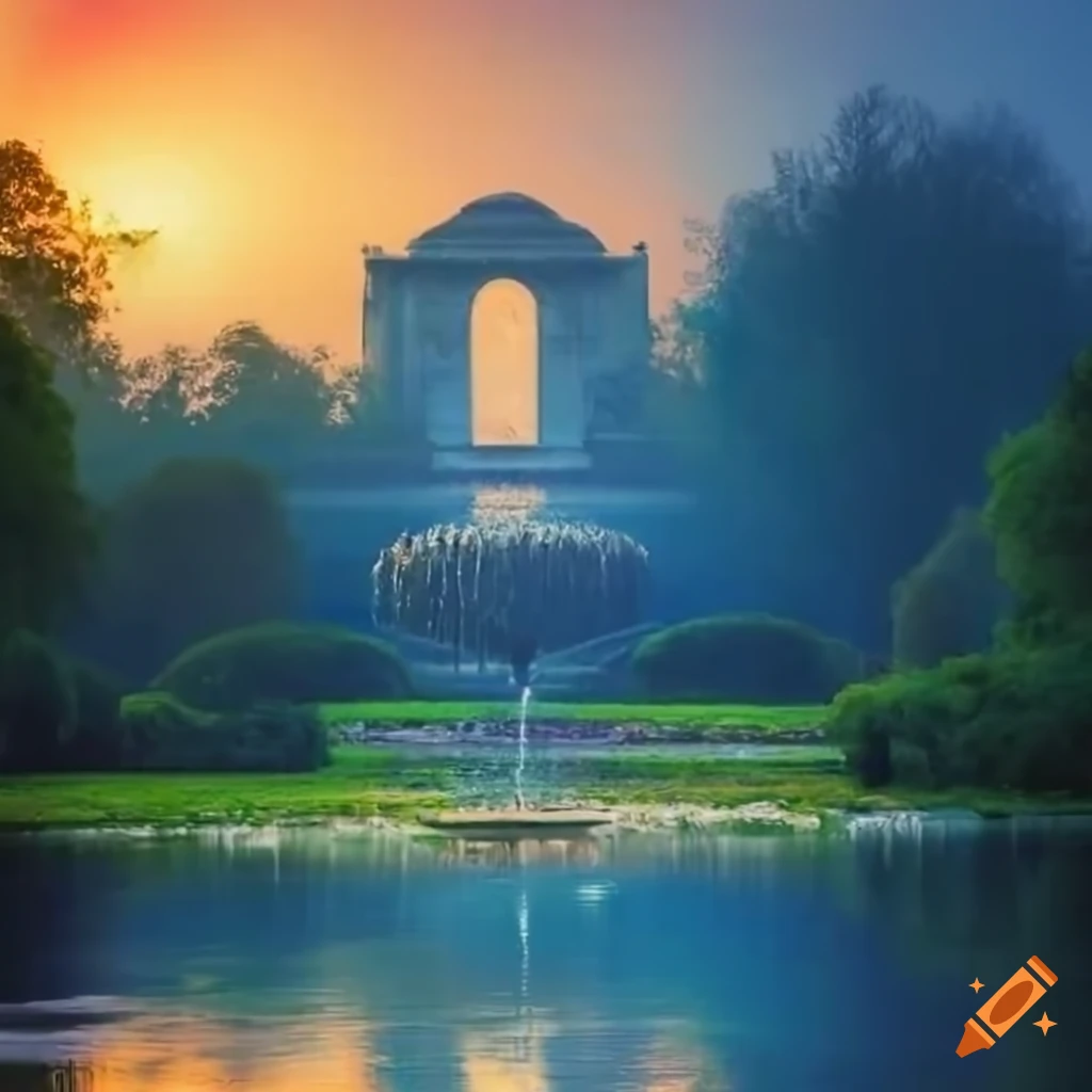 Monet-inspired landscape with baroque fountain
