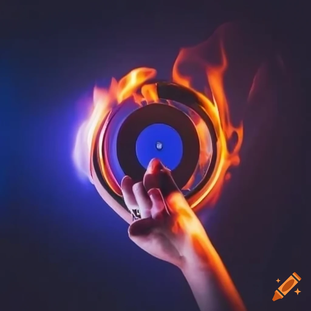Flaming vinyl record in hand on Craiyon