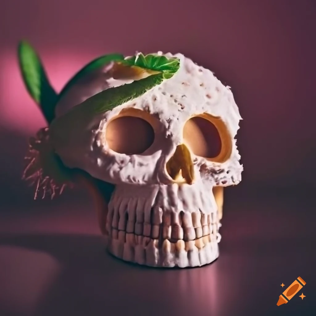 marshmallow skull with strawberry eyes and tropical plants
