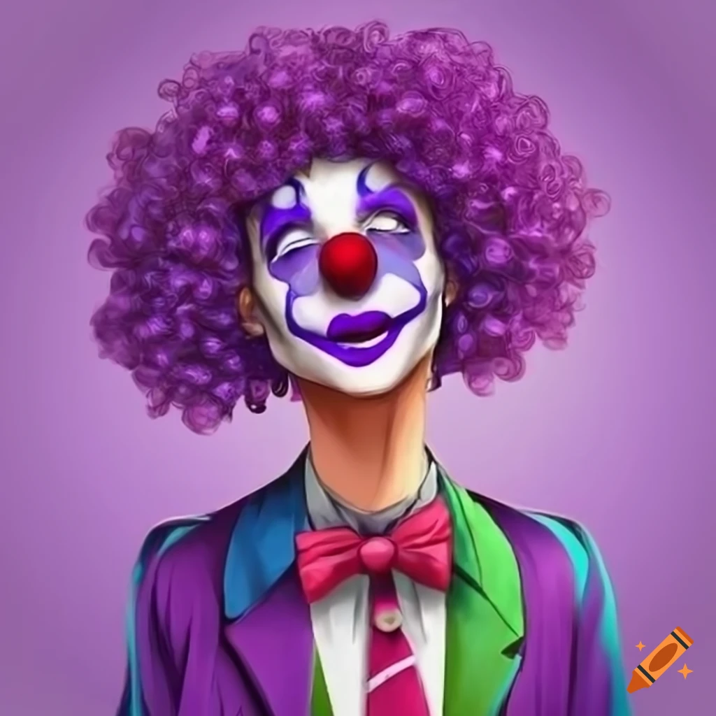 cartoon clown with purple afro and suit