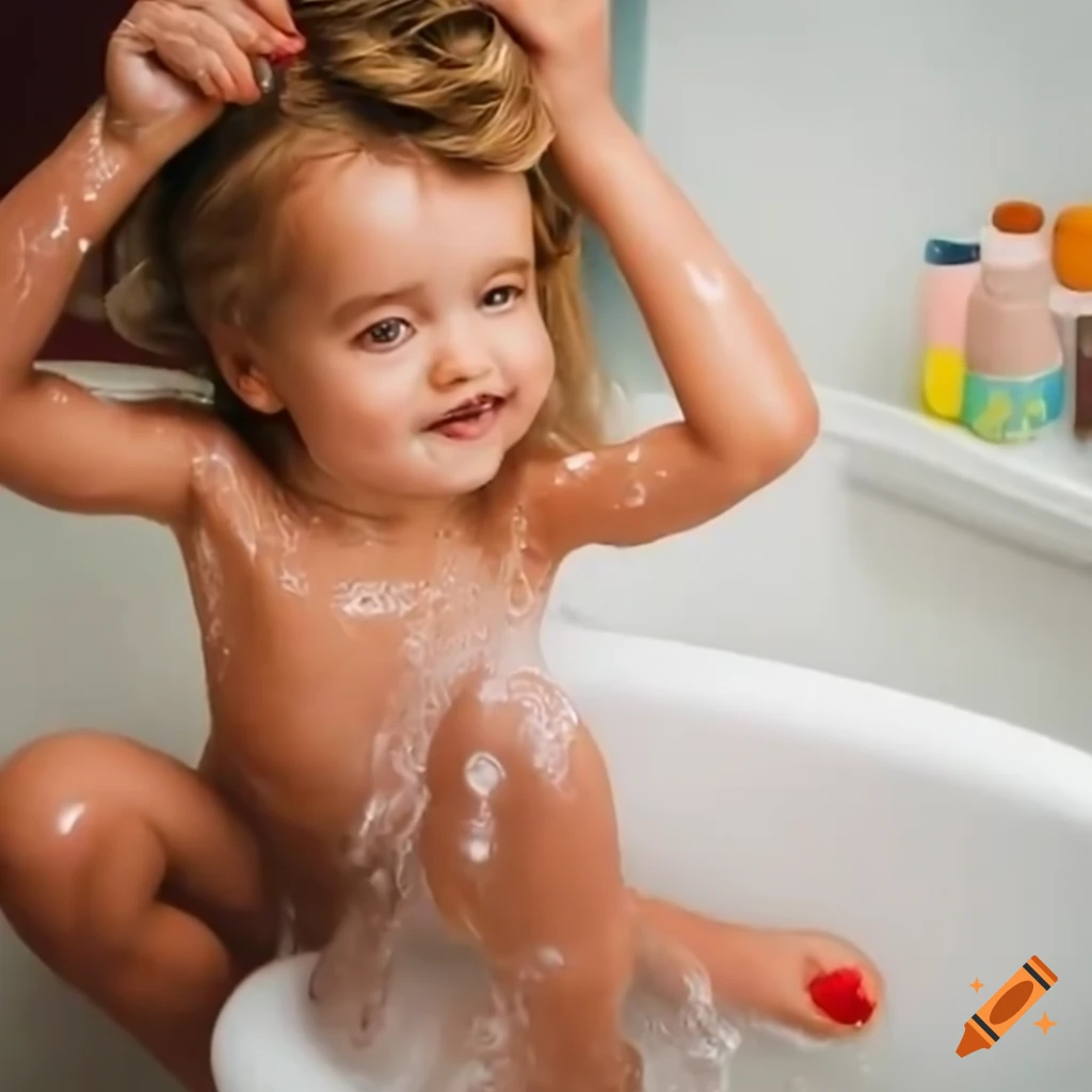 toddler girl washing her toes during bath time