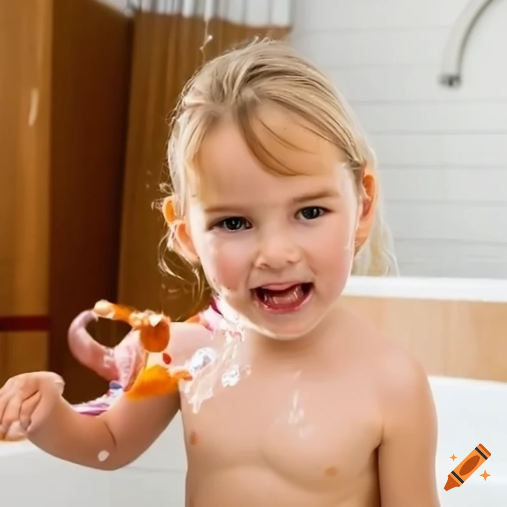 toddler girl with pigtails jumping in bath