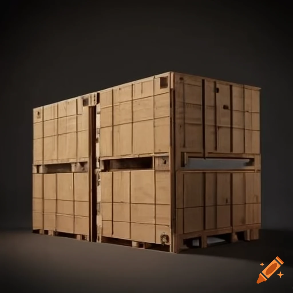 Warehouse filled with large wooden storage crates on Craiyon