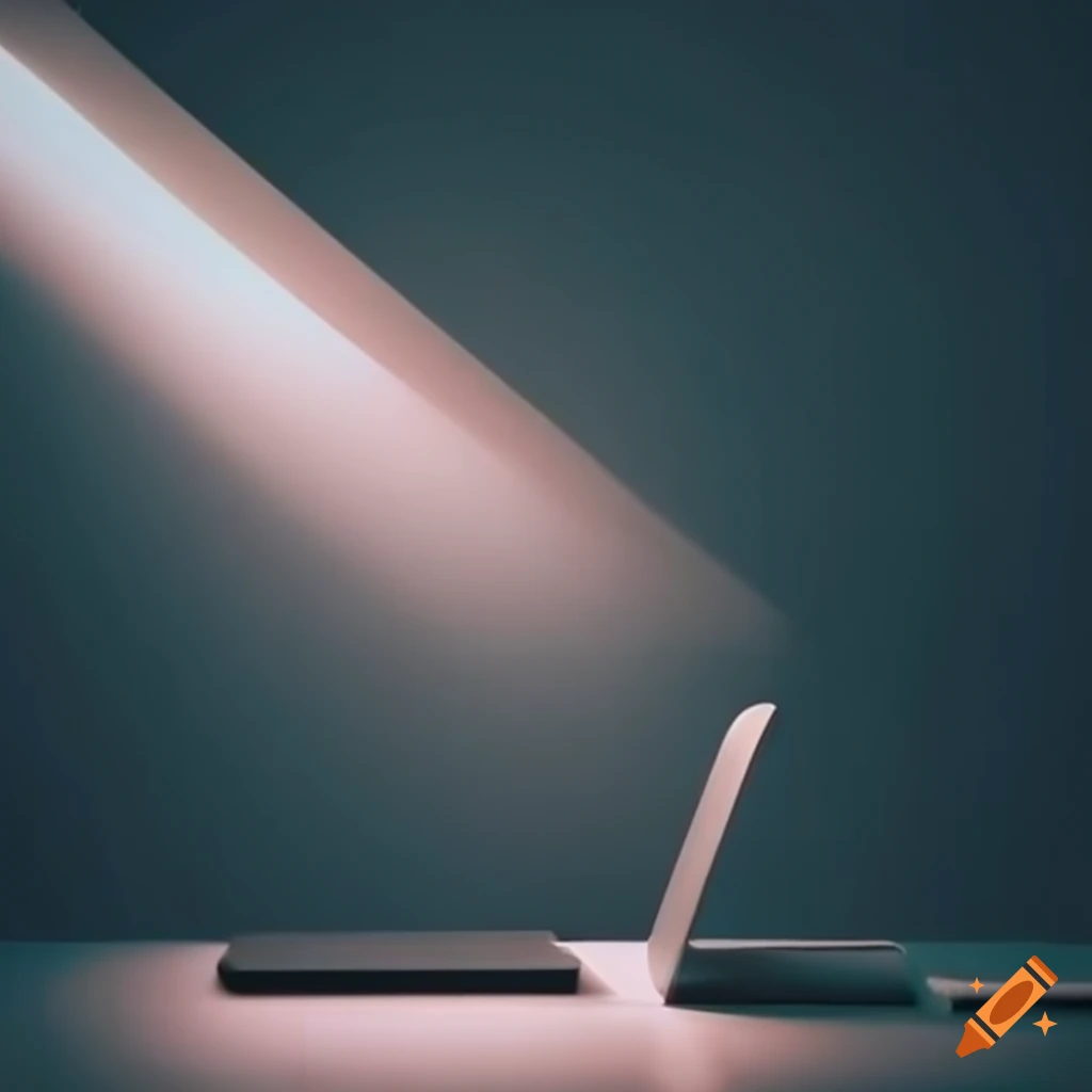 notebook on desk with ceiling light beams in dark office