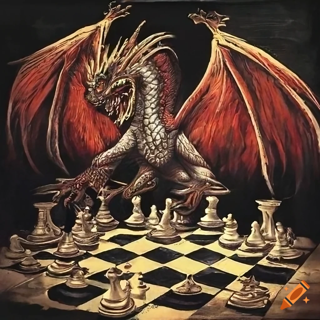 Woodcut artwork of dragon and rook battling on chessboard on Craiyon