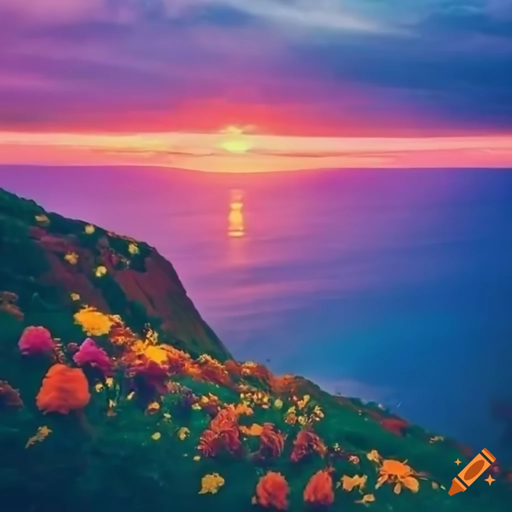 colorful hill overlooking the ocean with vibrant flowers