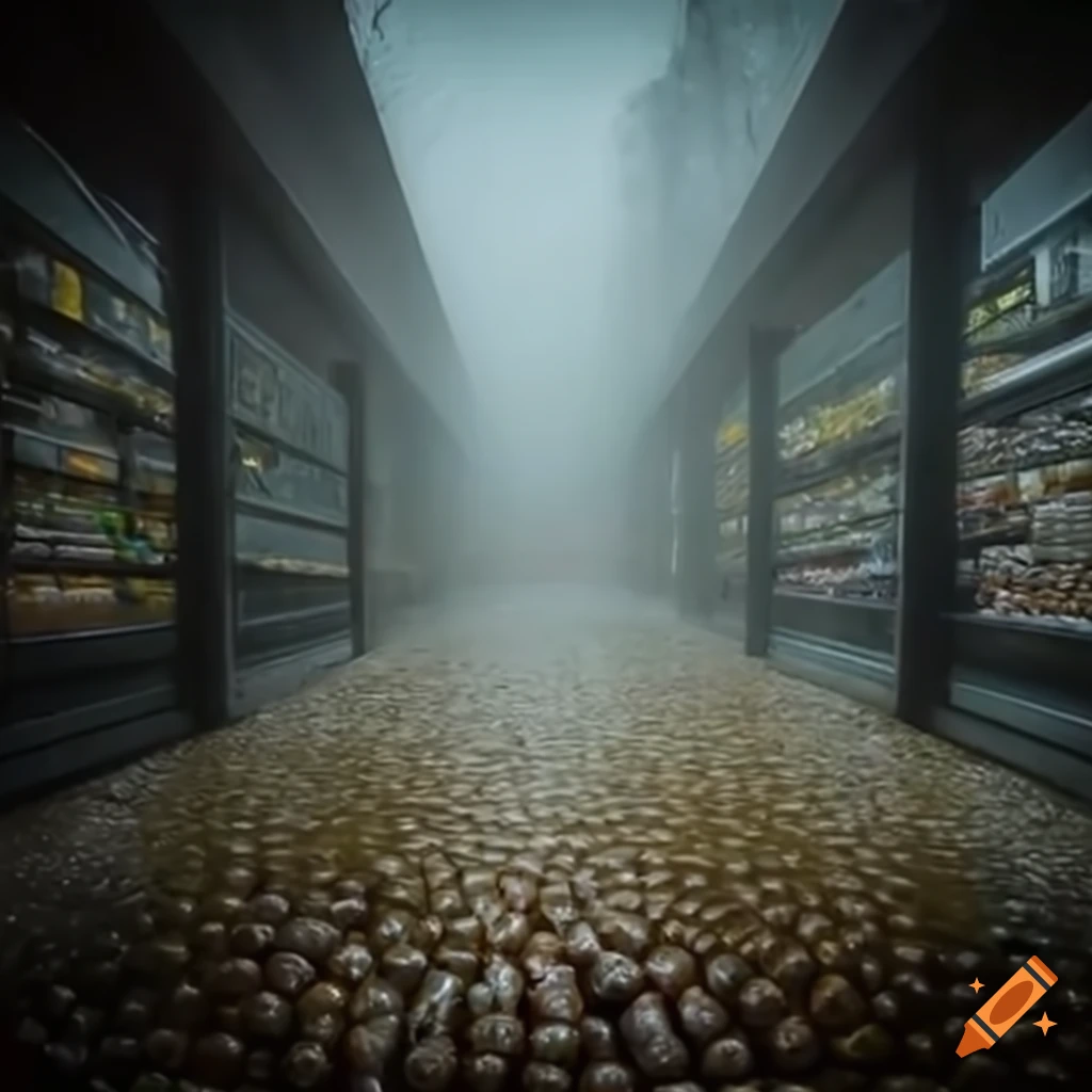 eerie misty freezer aisle in a grocery store