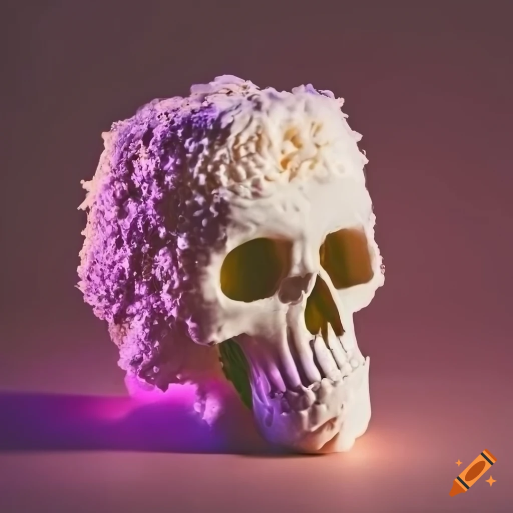 marshmallow skull with strawberry eyes and tropical plants