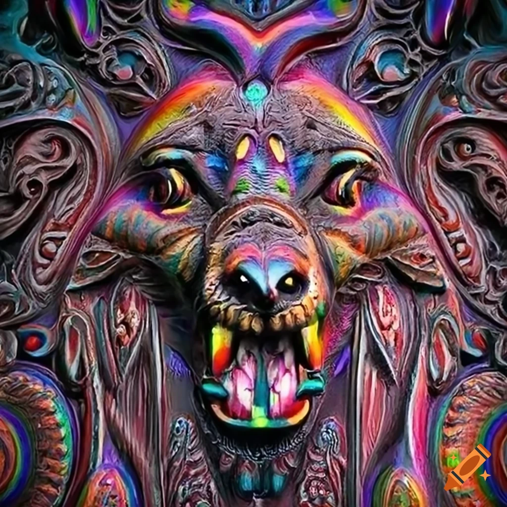 prismatic architectural stave carving with moth werewolf motif