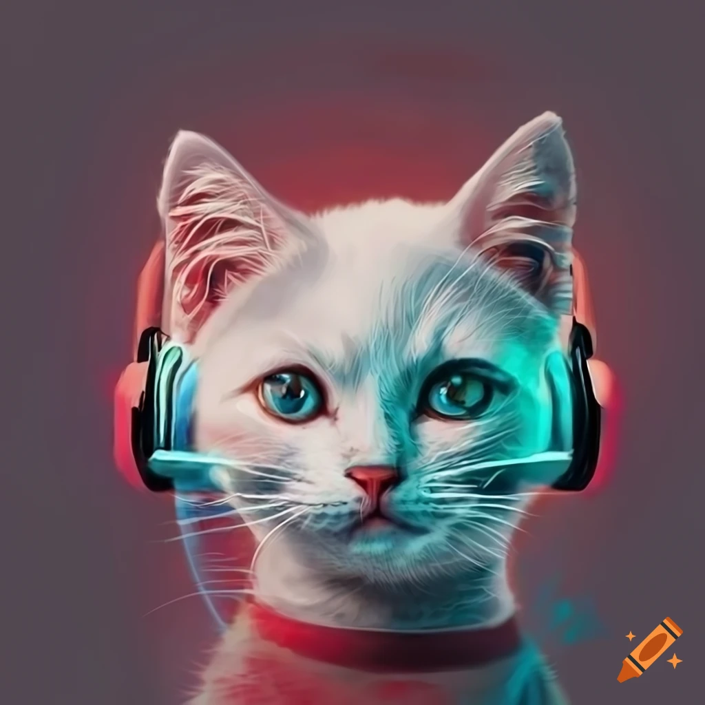 digital artwork of a cute white kitten wearing gaming headset