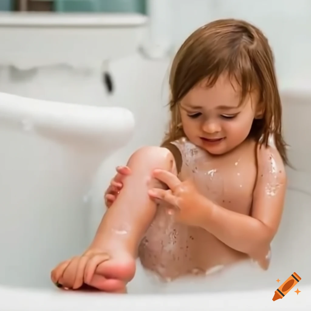 cute toddler girl washing her toes during bath