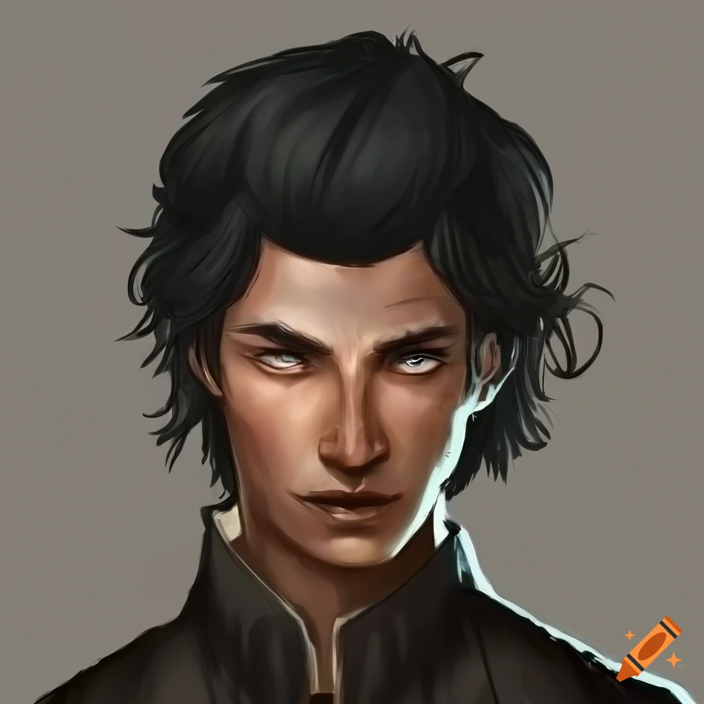 A young male wizard with short dark hair wearing a brown coat with a dnd 5e  artstyle