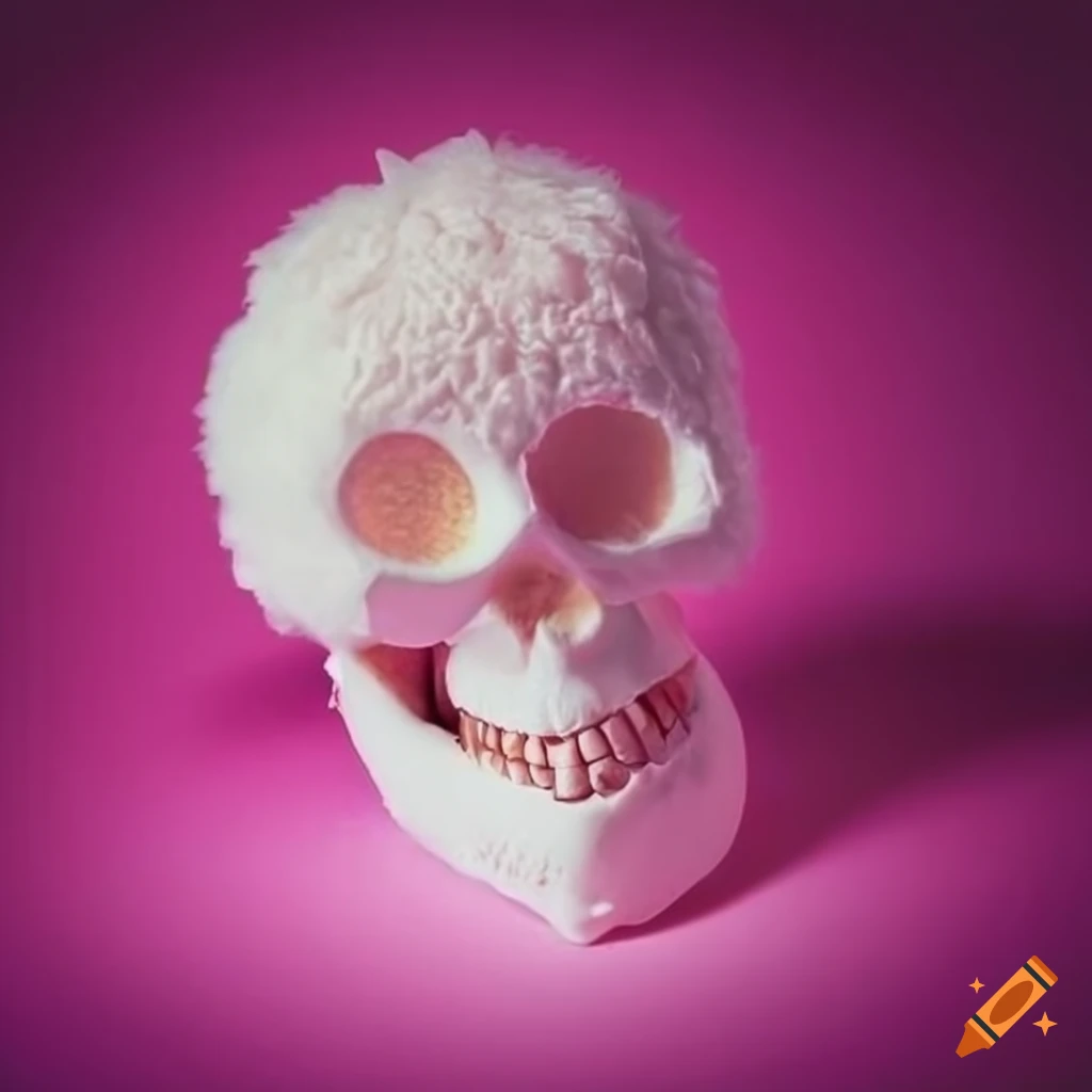 marshmallow skull with strawberry eyes and tropical plants