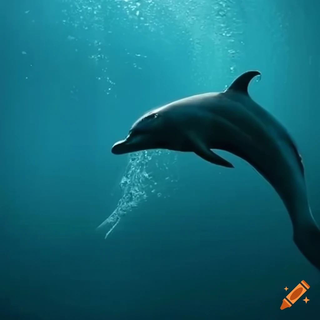 dolphin echolocating in deep water near frozen lava island