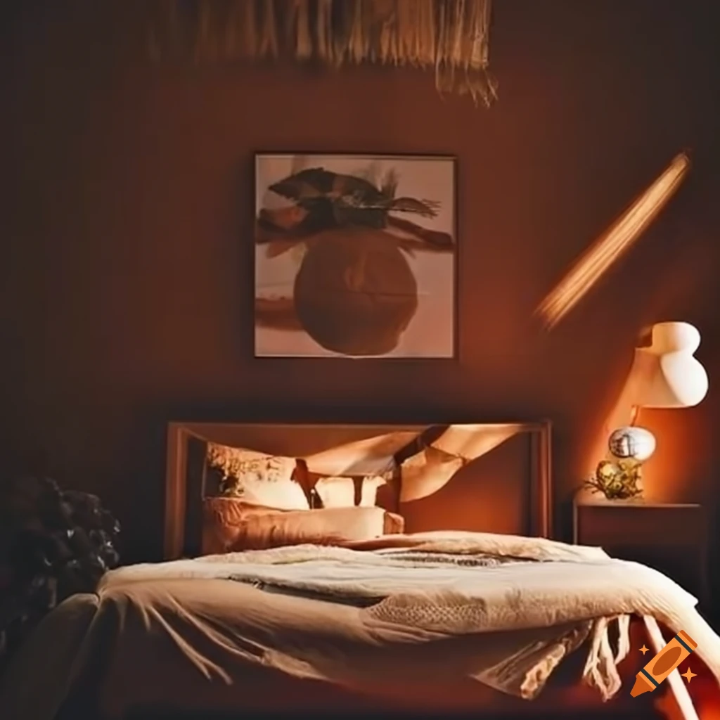 Boho style bedroom with detailed decor and bright light on Craiyon