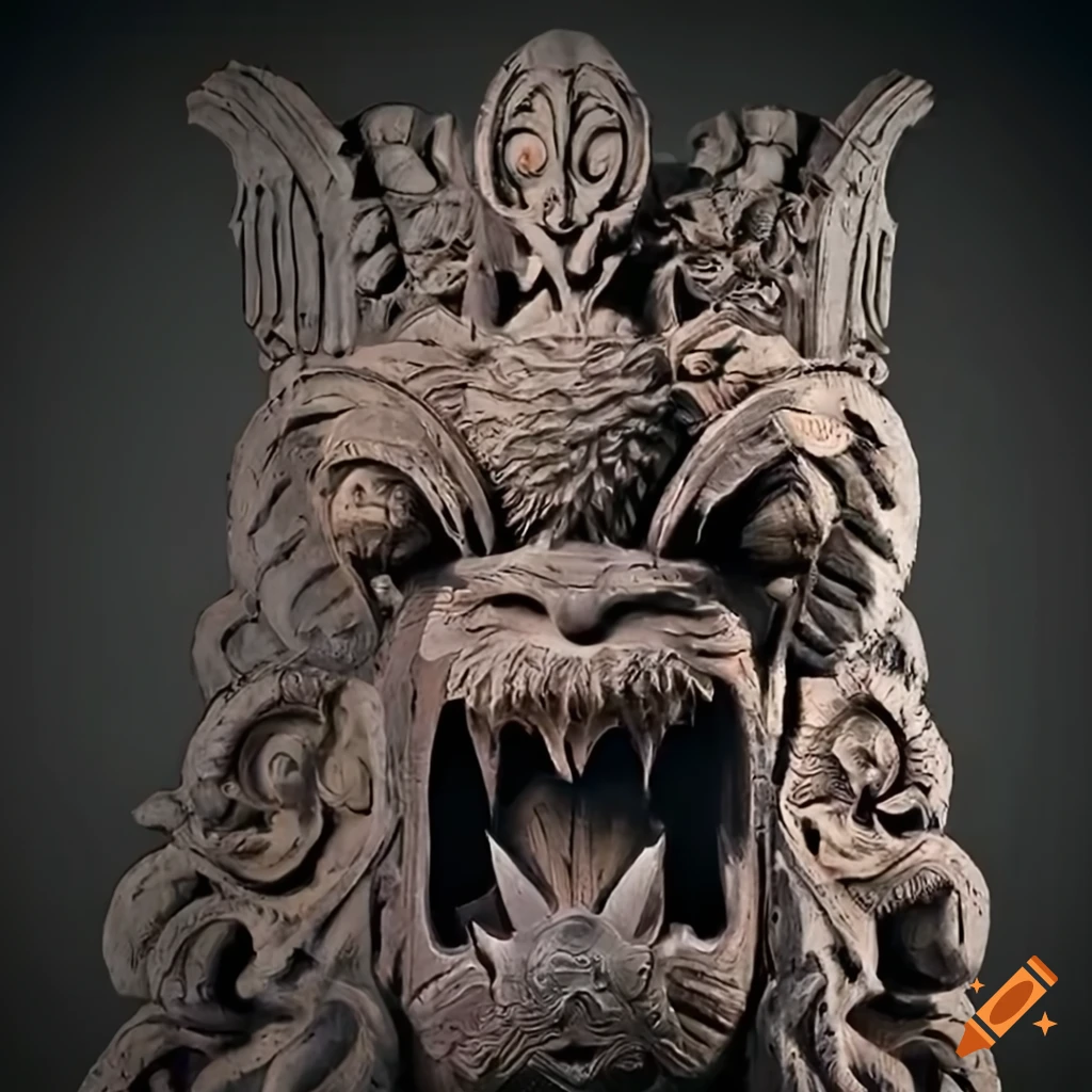 detailed moth werewolf carving in architectural style