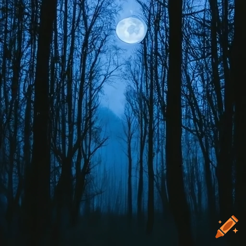 Mysterious forest under a blue moon