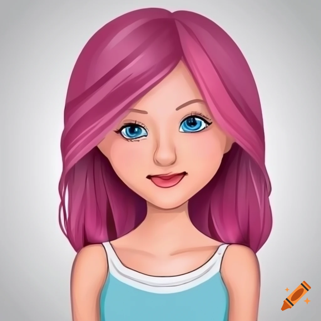 Cute cartoon character with pink hair and blue eyes on Craiyon