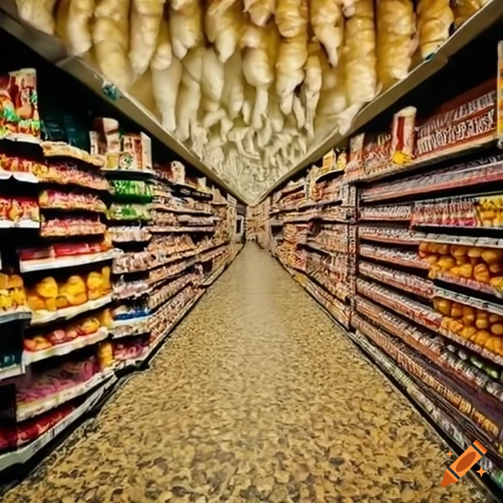maze-like grocery store freezer aisle with scattered corn