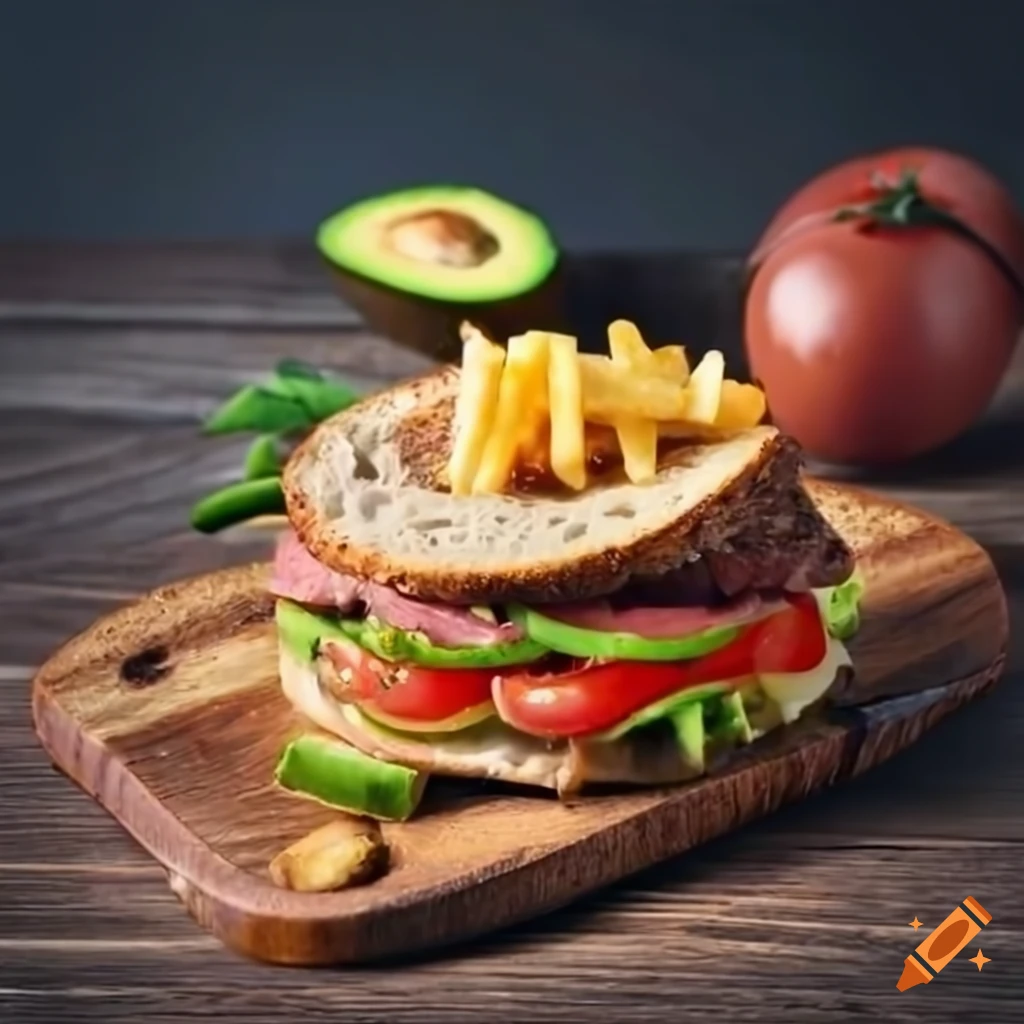 delicious steak sandwich with avocado and fries
