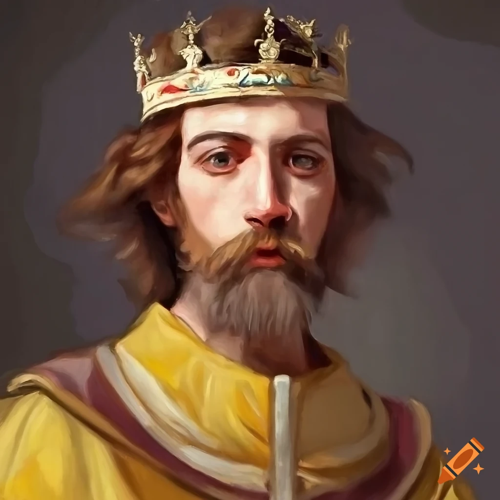Oil painting of a medieval king in royal attire