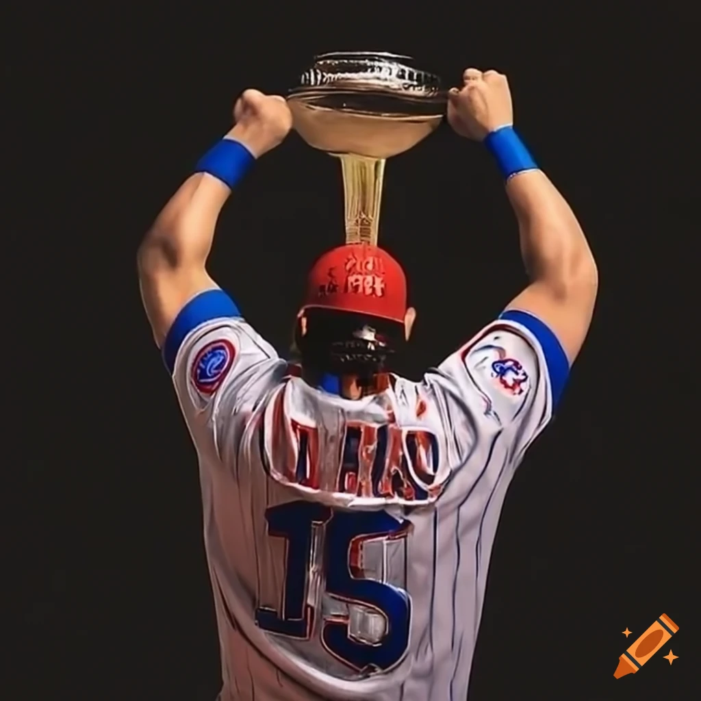 celebration of Cubs players with the championship trophy