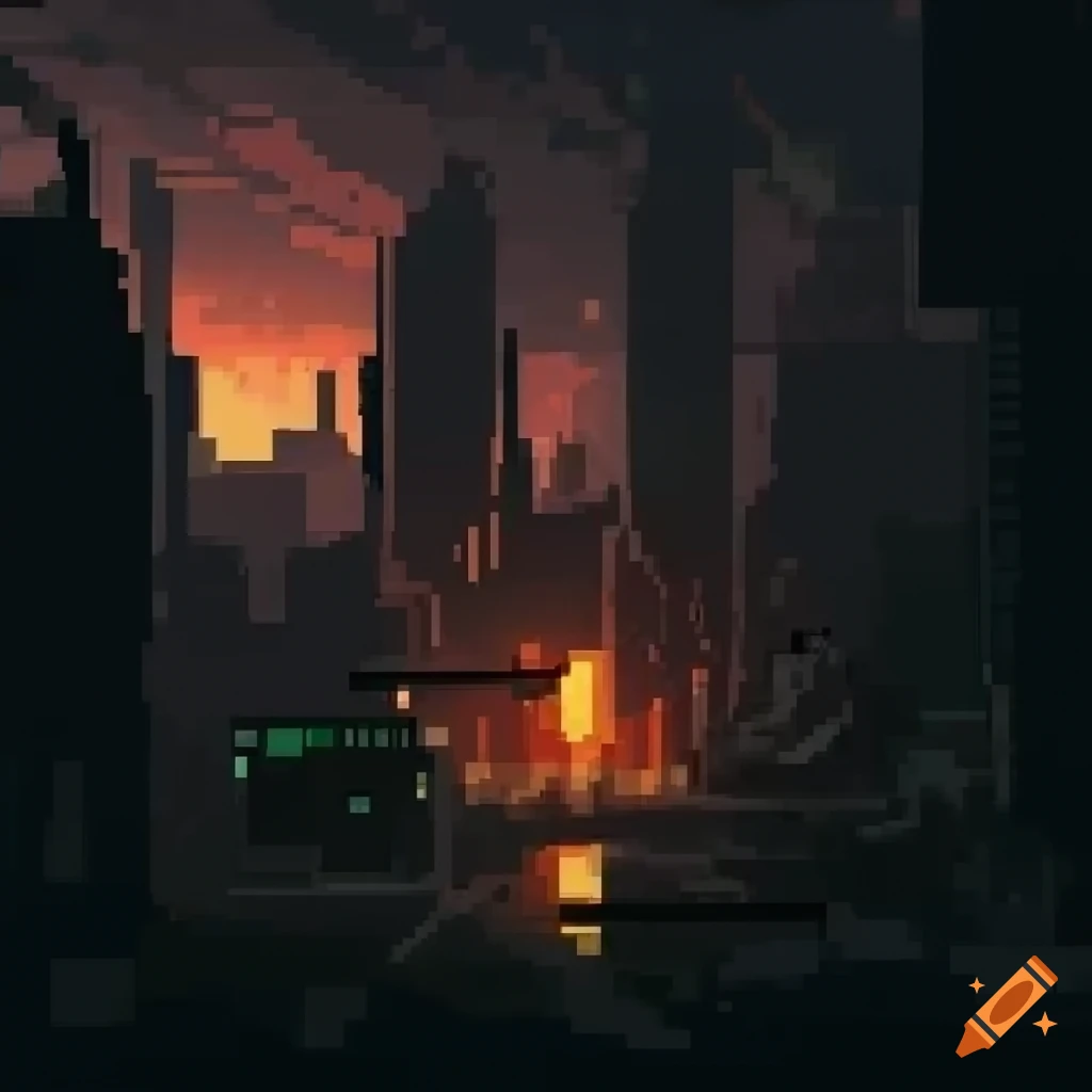 pixel art of a dark post-apocalyptic city street
