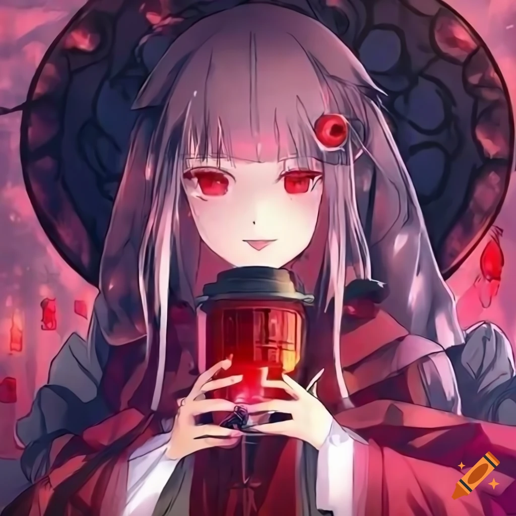 Anime girl with red eyes holding a lantern on Craiyon