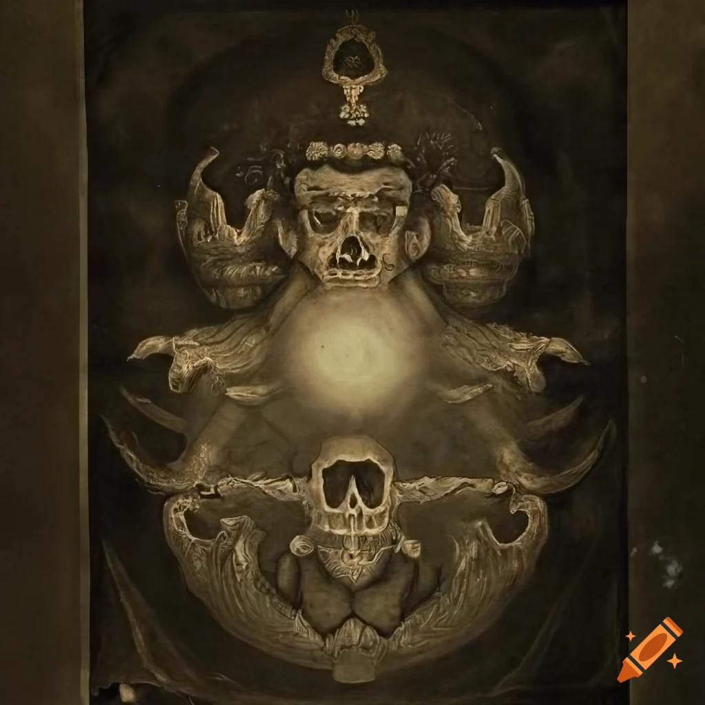 photograph of a fearsome deity with smoky eyes and fire halo