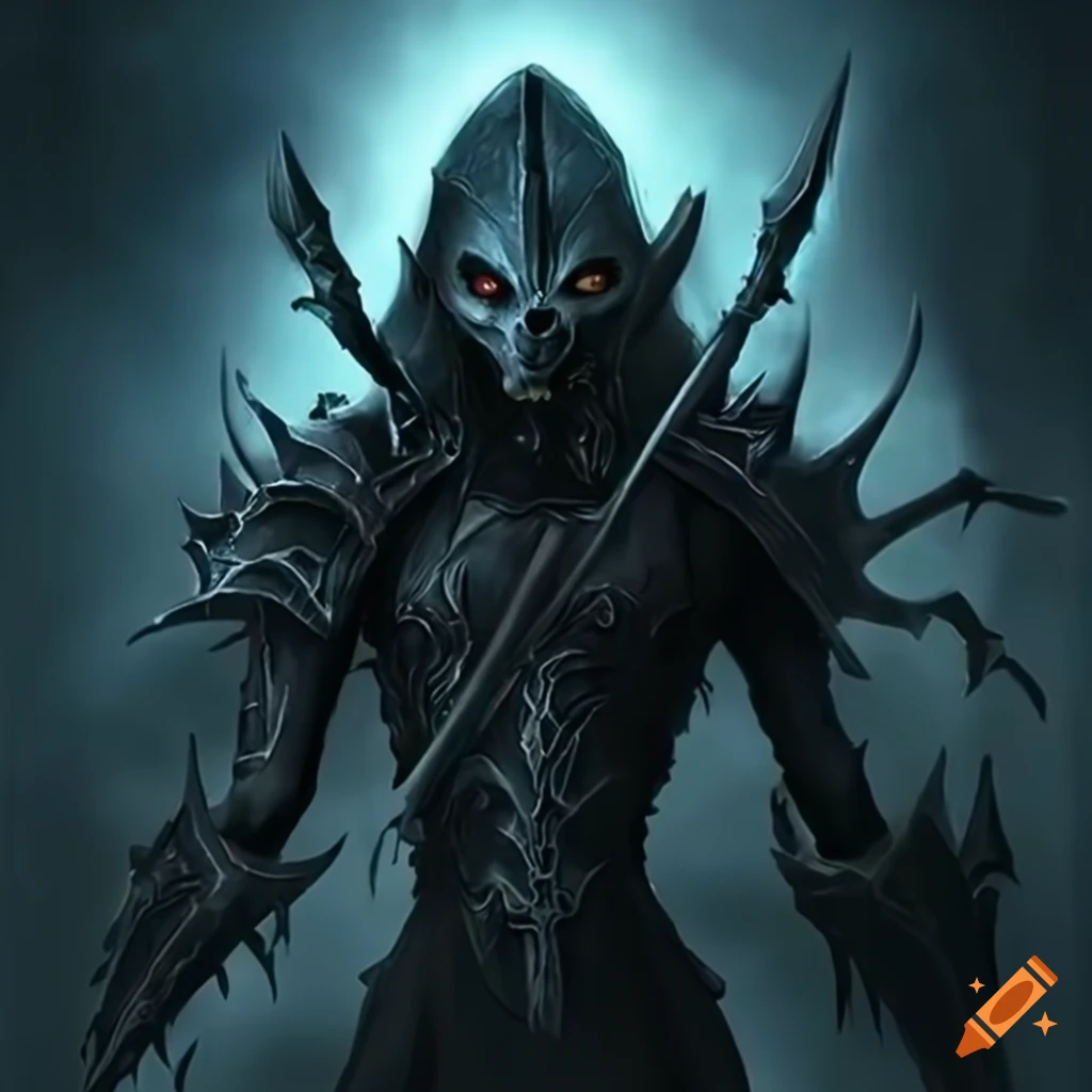 Sinister black armored elf with glowing eyes holding a spear on Craiyon