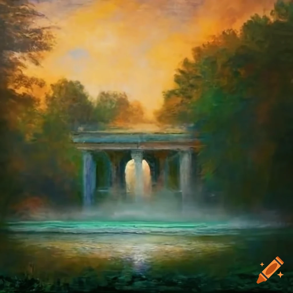 Monet-inspired landscape with baroque fountain