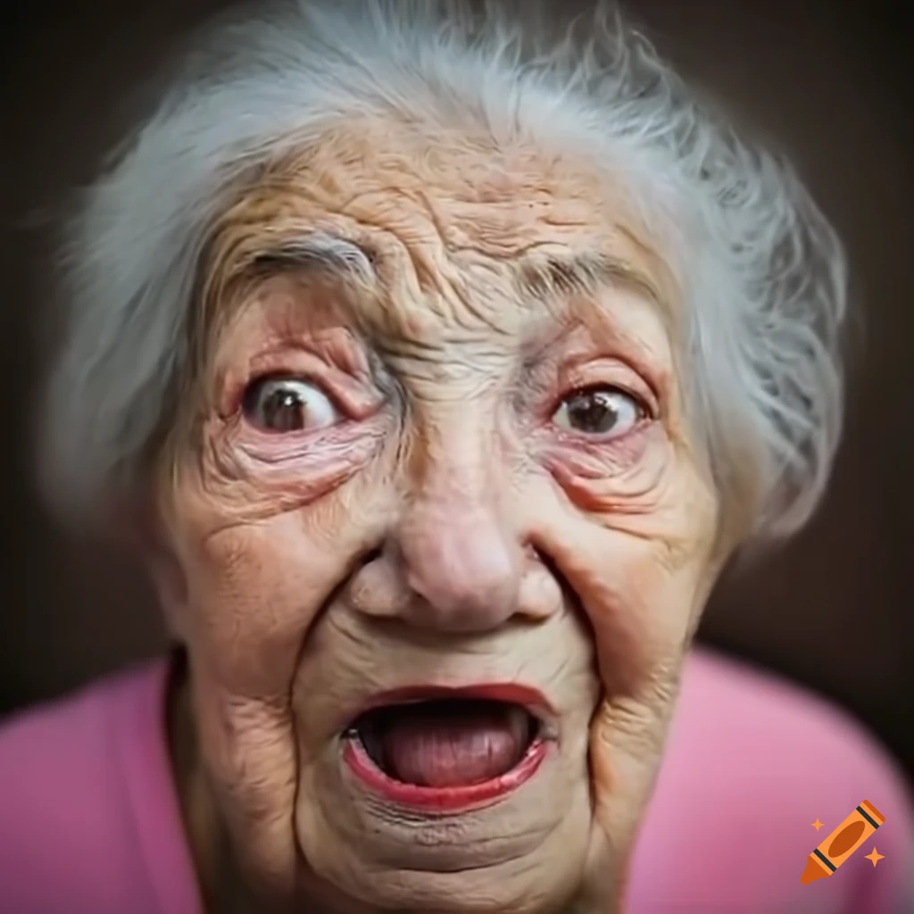 Humorous portrait of an elderly woman making funny faces on Craiyon