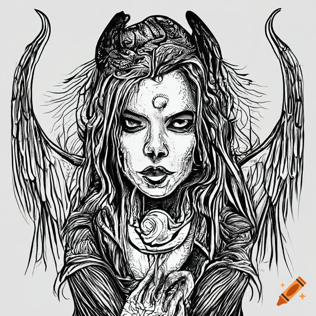 Black and white ink art of a demon witch with wings and horns on Craiyon