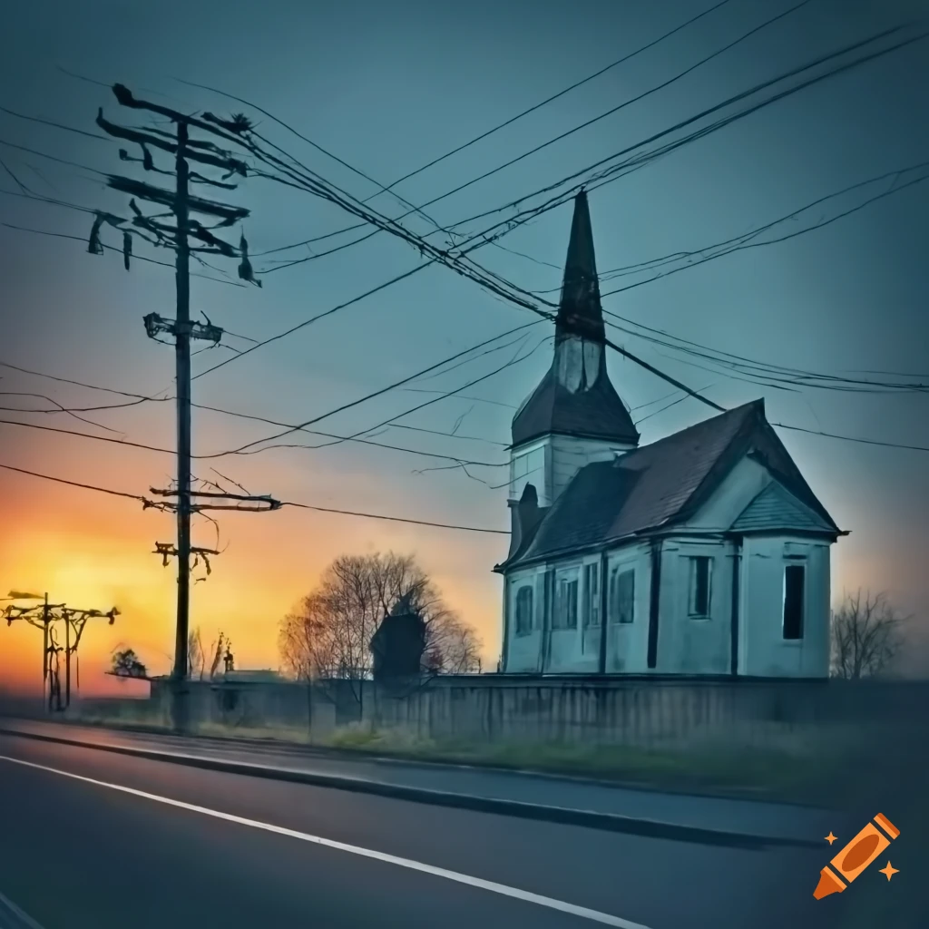 Scenic country road with churches and power lines on Craiyon