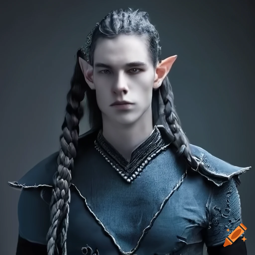 illustration of a male elf with braided black hair and silver eyes