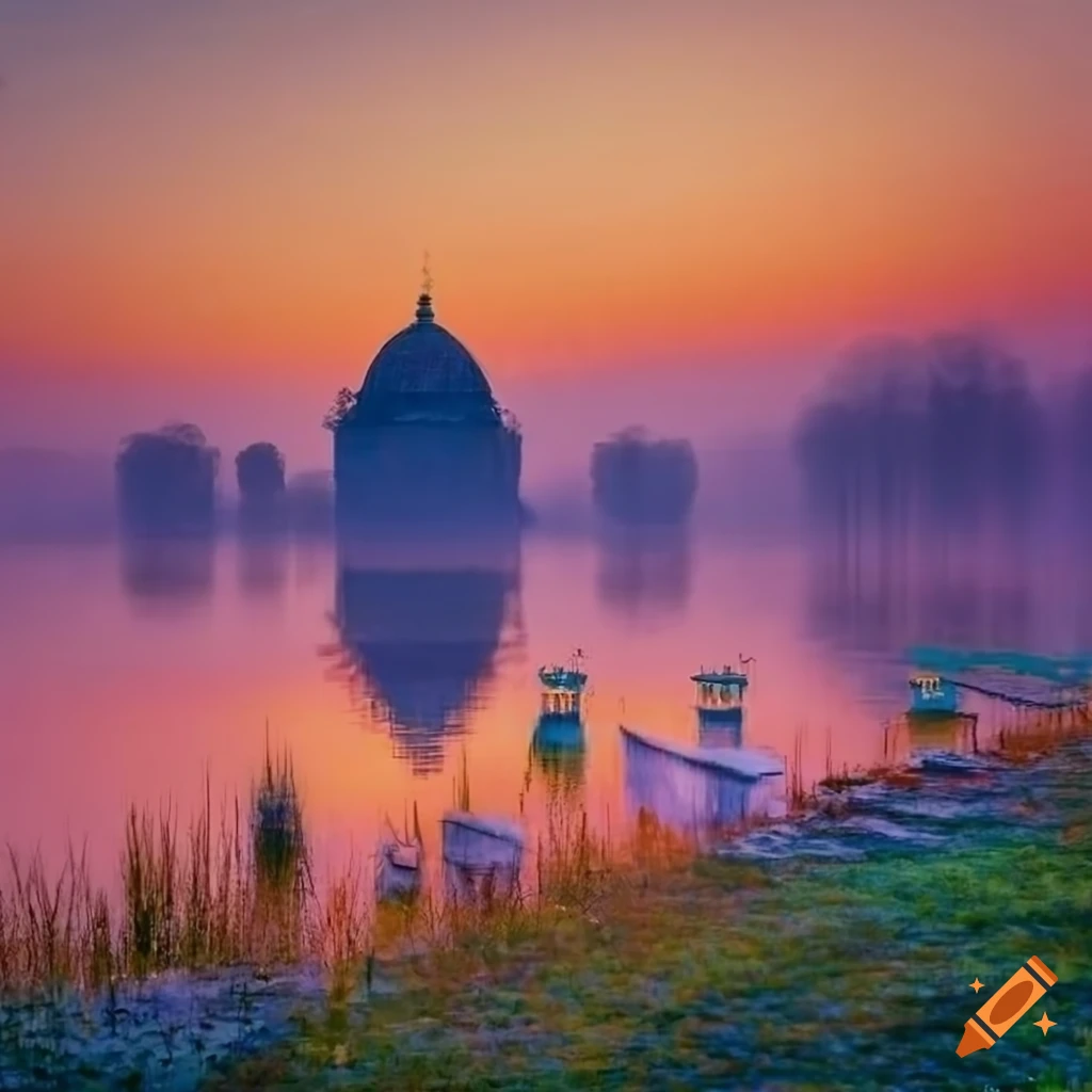 Impressionist painting of a lake with a small island and headlands on