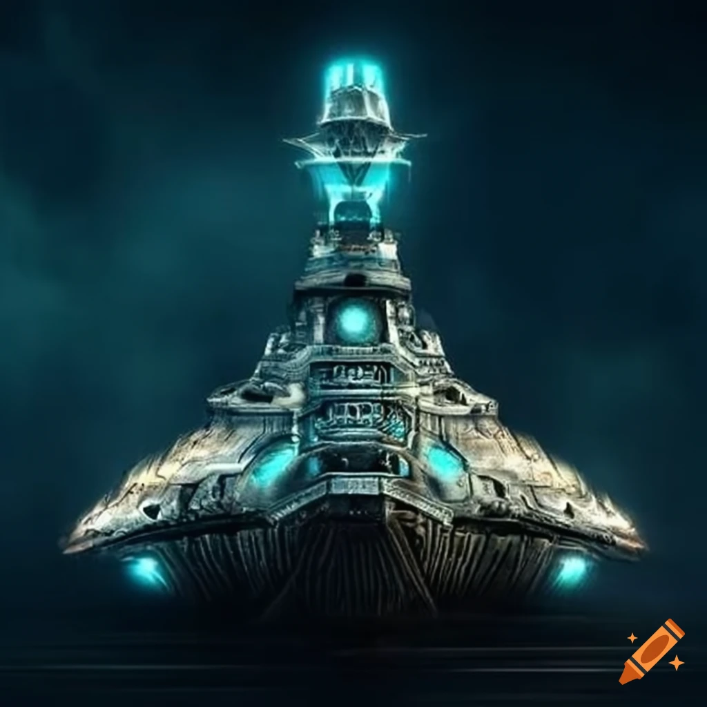 Retrofuturistic space warship with egyptian motifs