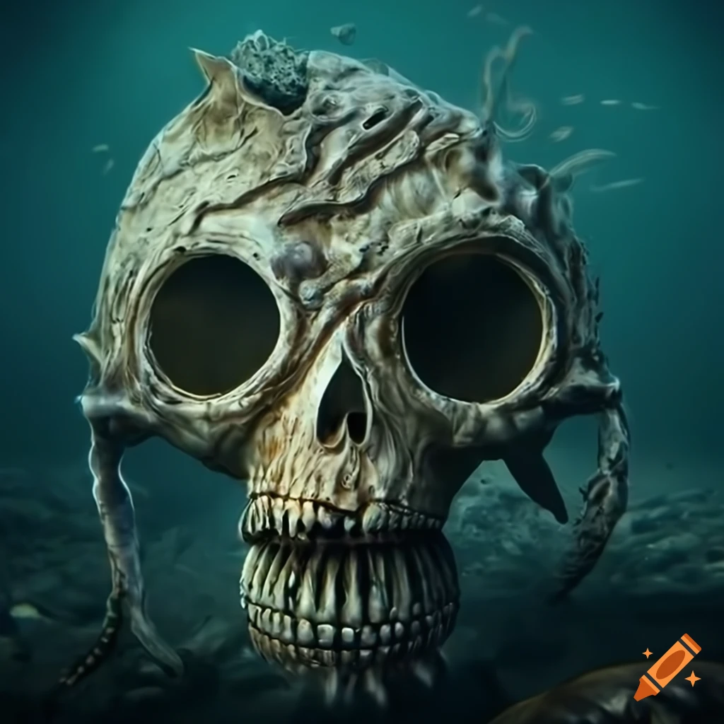 Surreal beach with steampunk elements and floating skulls with lens eyes on  Craiyon