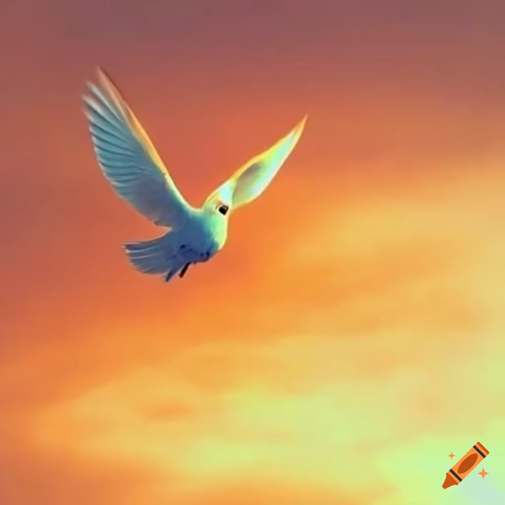 ethereal orange dove flying in a yellow sky