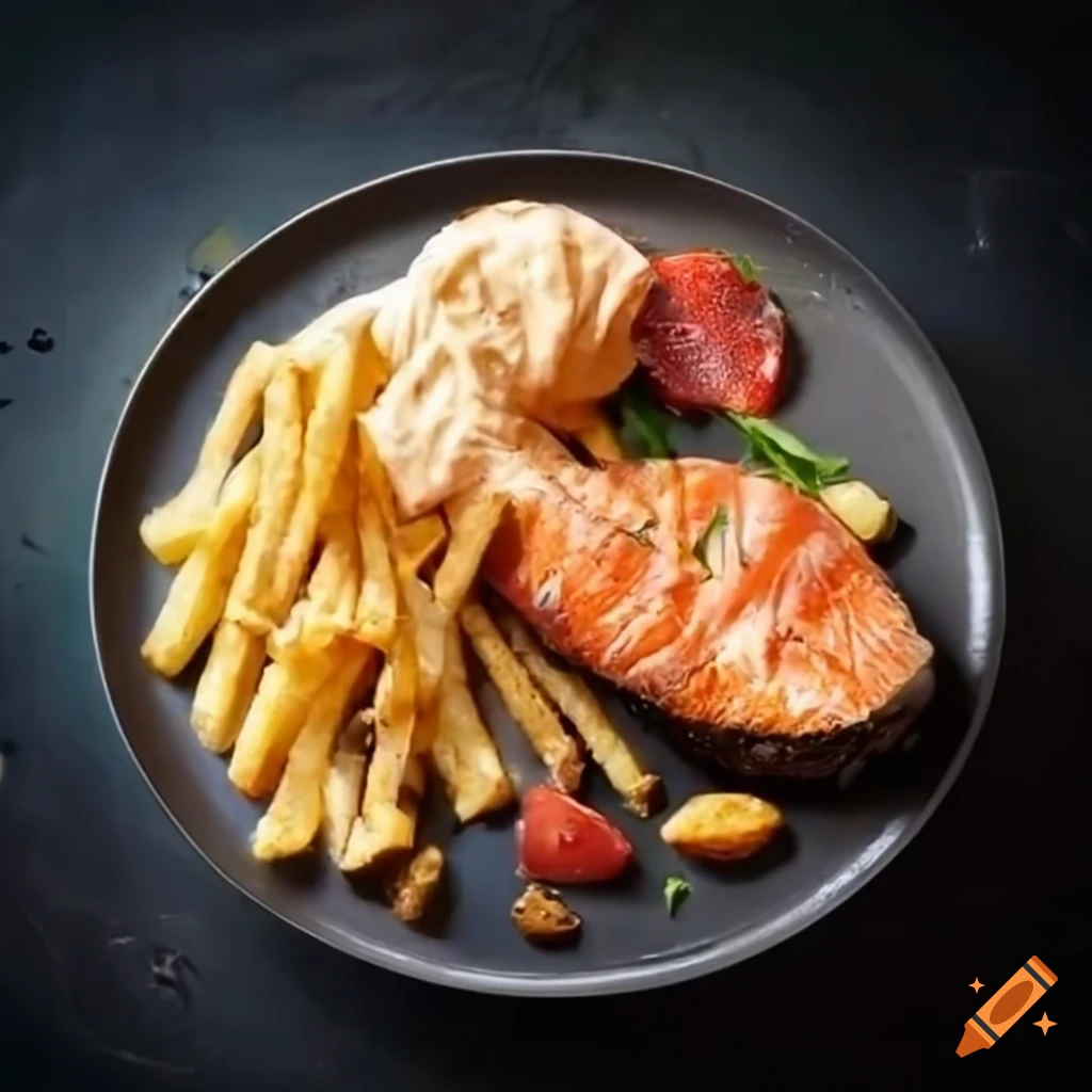 Delicious salmon steak with french fries and mayo sauce on Craiyon